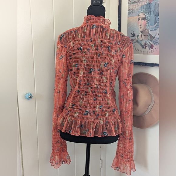 Free People Floral Shirred Mesh Bell Sleeve Fairycore Hippie Rock Top XL - Picture 9 of 14